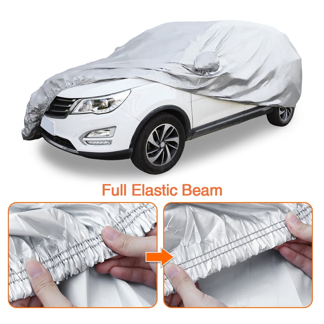 uxcell YL Silver Tone 210D Car Cover Outdoor Weather Waterproof Scratch Rain Snow Heat Resistant W Mirror Pocket 480 x 185 x 170cm 